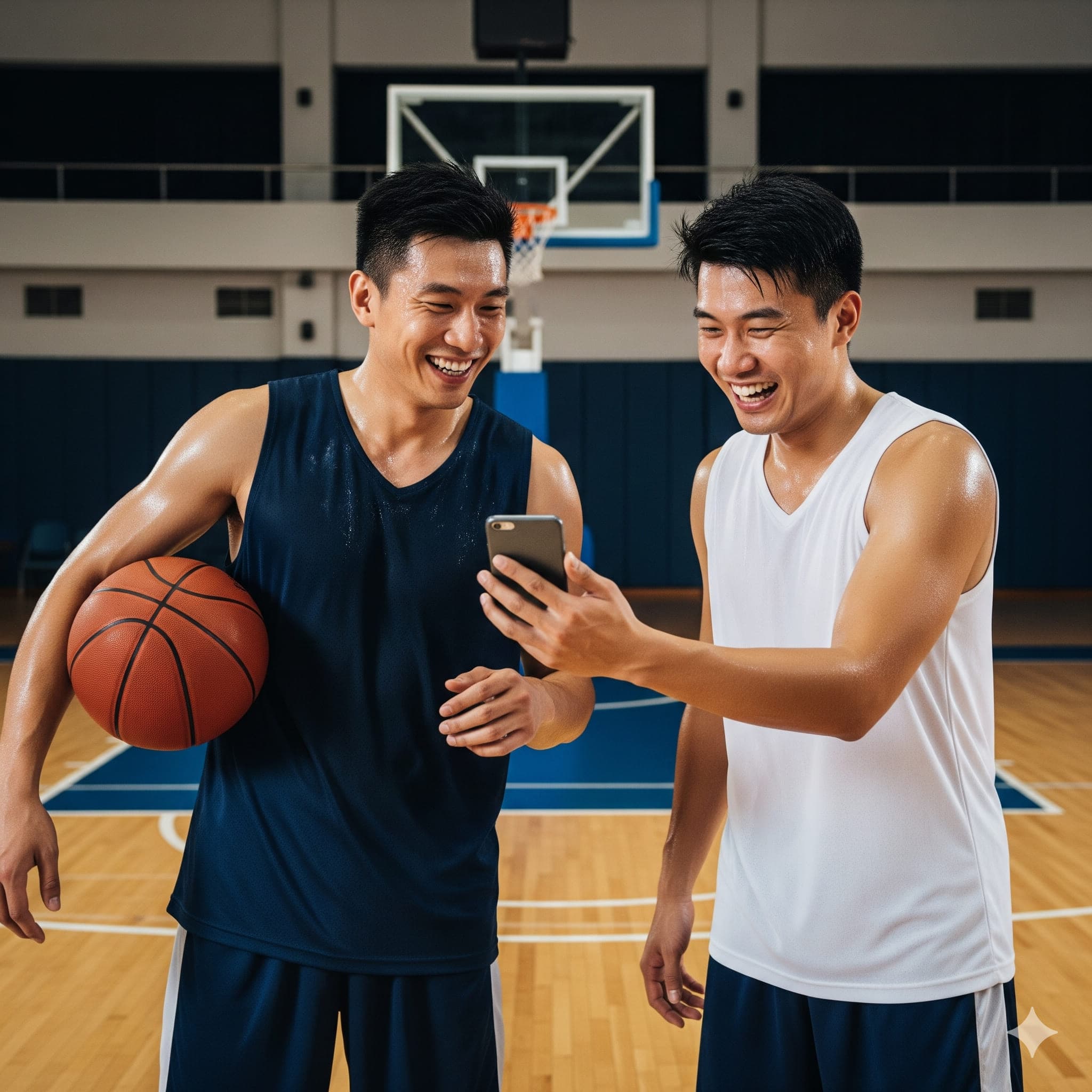 Players looking at phone