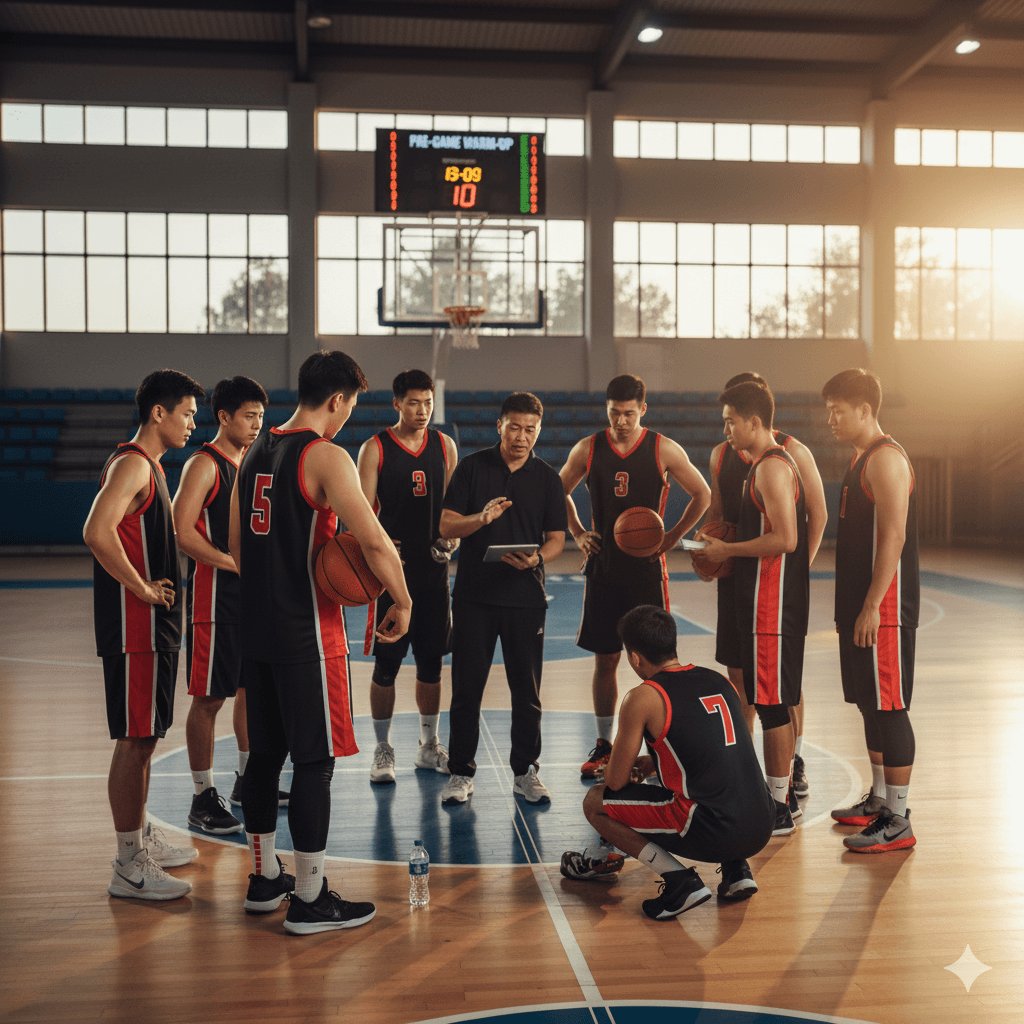 Basketball team huddle